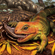 A green-orange lizard eats an insect in this illustration.